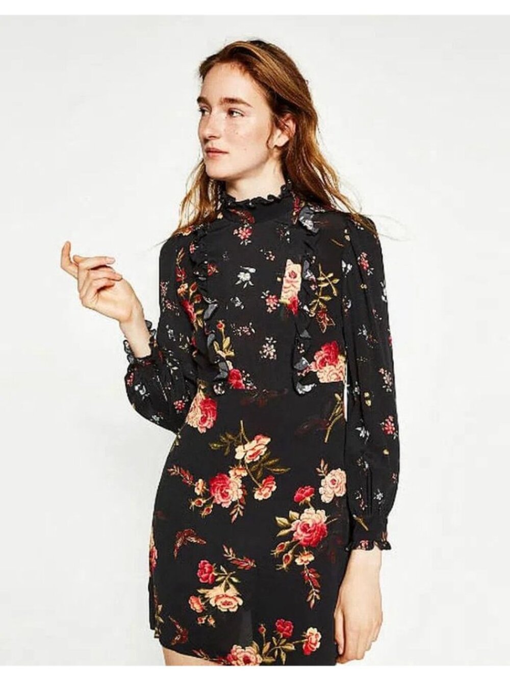 ZARA Black Floral Lace Back Ruffle Long Sleeve Mini Dress S